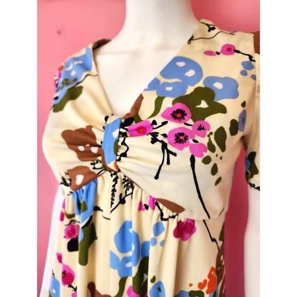 Size Medium Large | Vintage 1970's Buttercream Pink Blue Floral Babydoll Dress - Picture 2 of 10